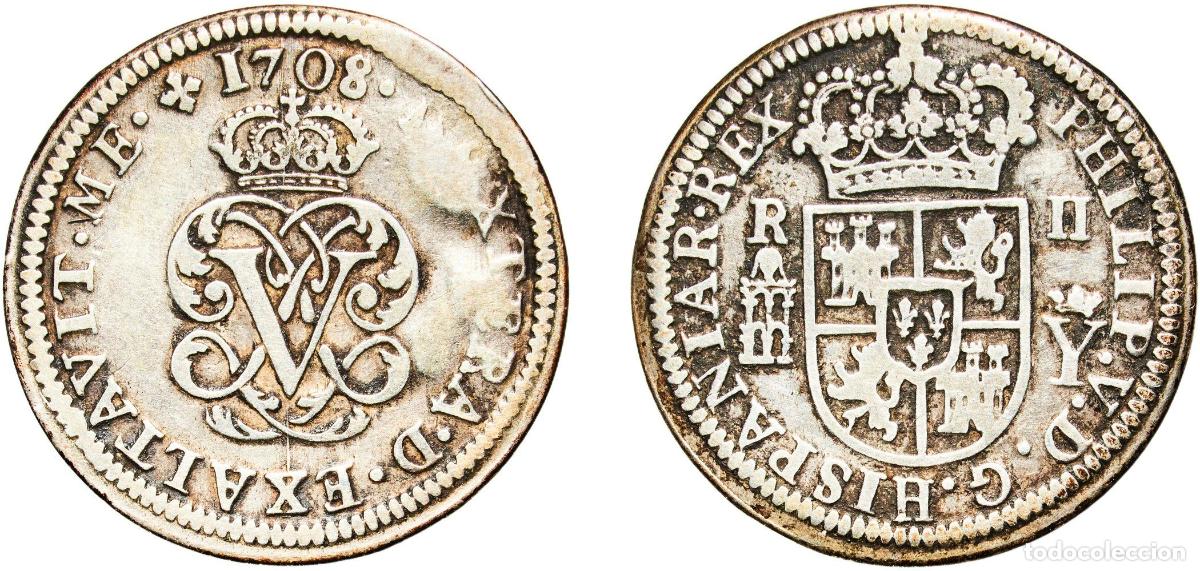 Monnaies d'Espagne: Spain Kingdom 1708 Y 2 Reales - Felipe V (Segovia,monogram) Silver (.833) Segovia Mint 4.72g VF Cal