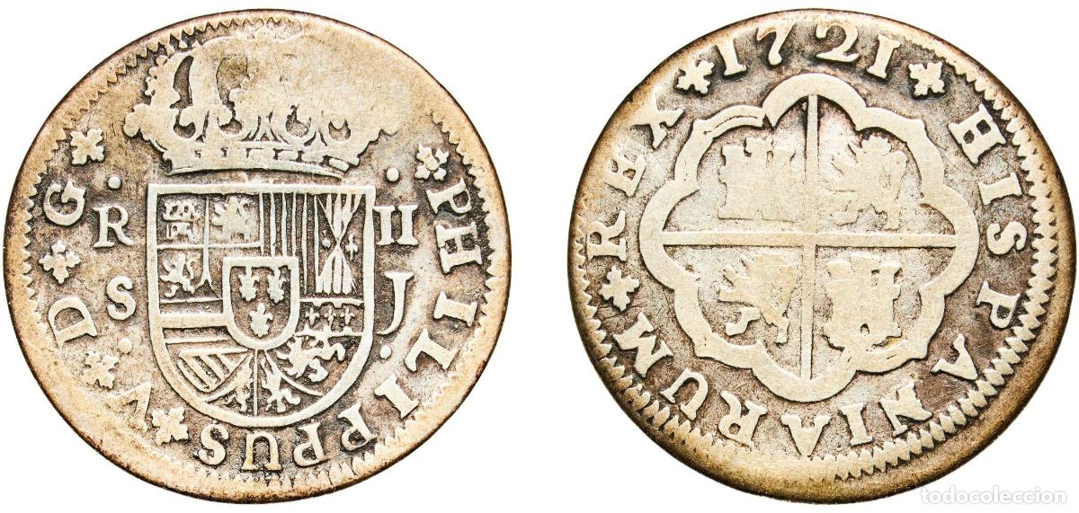 Monedas de Espa&ntilde;a: Spain Kingdom 1721 S J 2 Reales - Felipe V (Seville,1st type) Silver (.833) Seville Mint 4.91g F Ca
