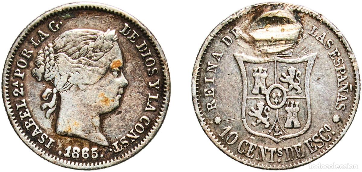 Monedas de Espa&ntilde;a: Spain Kingdom 1865 10 Centimos de Escudo - Isabel II Silver (.810) Seville Mint 1.26g VF Damage KM