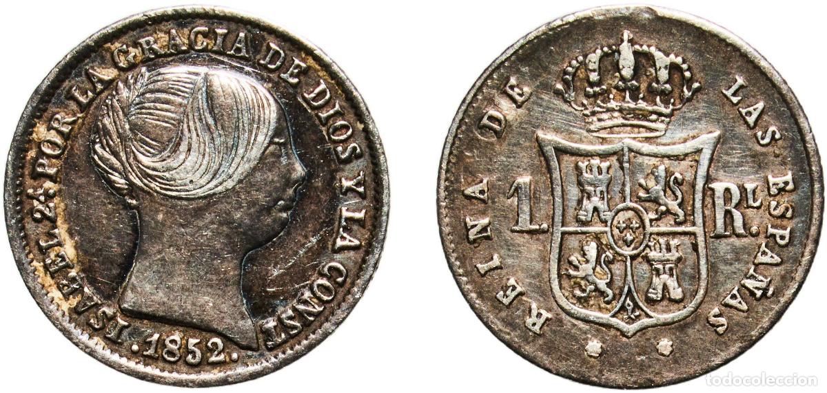 Monedas de Espa&ntilde;a: Spain Kingdom 1852 1 Real - Isabel II Silver (.900) Seville Mint 1.28g XF KM 598.3 Cal 434 Aureo 32