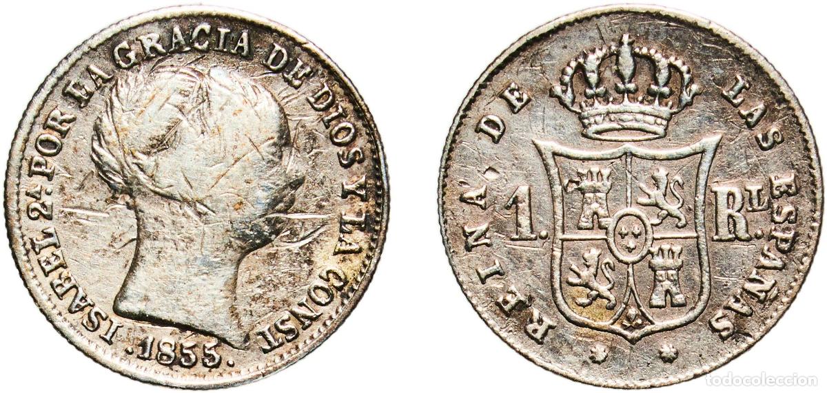 Monedas de Espa&ntilde;a: Spain Kingdom 1855 1 Real - Isabel II Silver (.900) Barcelona Mint 1.23g VF KM 598.1 Cal 400 Aureo