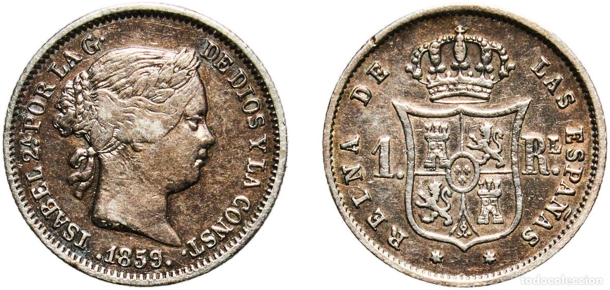 Monedas de Espa&ntilde;a: Spain Kingdom 1859 1 Real - Isabel II Silver (.900) Madrid Mint 1.27g VF KM 606.2 Cal 421 Aureo 308