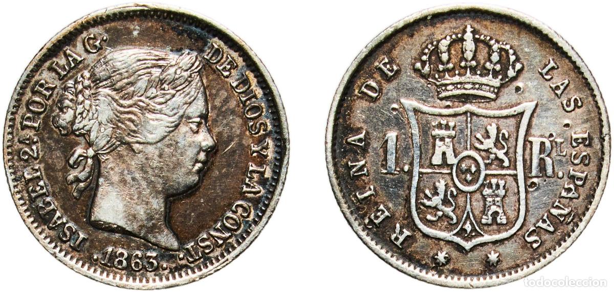Monedas de Espa&ntilde;a: Spain Kingdom 1863 1 Real - Isabel II Silver (.900) Seville Mint 1.3g VF KM 606.3 Cal 443 Aureo 336