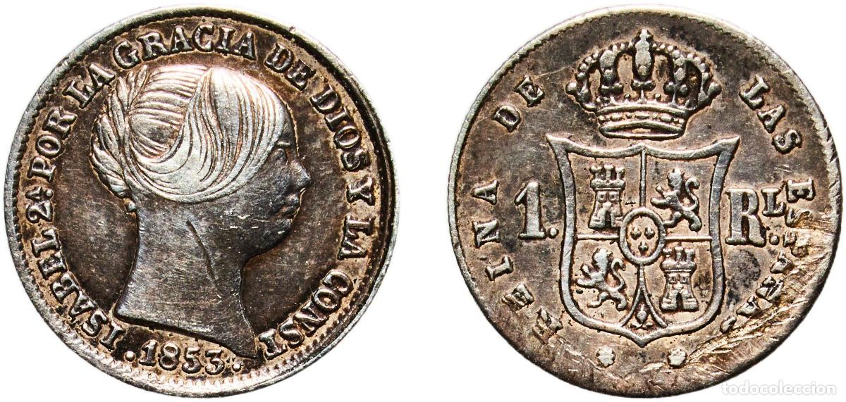 Monedas de Espa&ntilde;a: Spain Kingdom 1853 1 Real - Isabel II Silver (.900) Barcelona Mint 1.28g VF Rim Damage KM 598.1 Cal