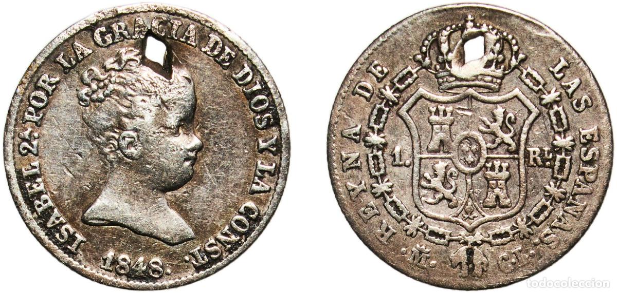 Monedas de Espa&ntilde;a: Spain Kingdom 1848 M 1 Real - Isabel II (1st portrait) Silver (.812) Madrid Mint 1.22g VF Holed KM