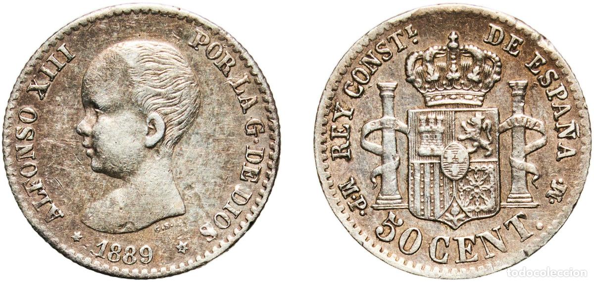 Monedas de Espa&ntilde;a: Spain Kingdom 1889 ?-9 MPM 5 Pesetas - Alfonso XIII (1st portrait) Silver (.900) Madrid Mint (4681
