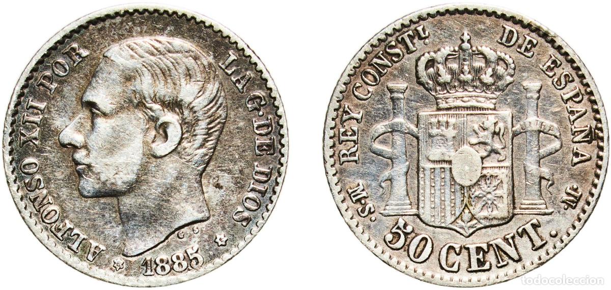Monedas de Espa&ntilde;a: Spain Kingdom 1885 8-6 MSM 50 Centimos - Alfonso XII Silver (.835) Madrid Mint 2.45g XF KM 685 Ca
