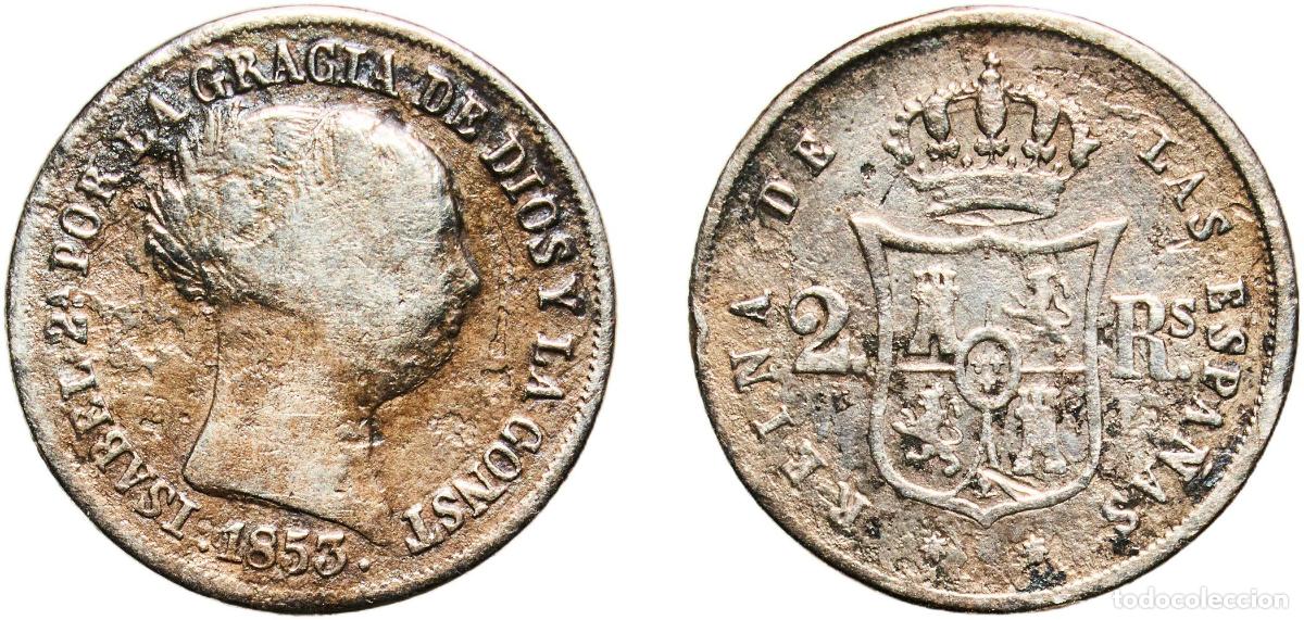 Monedas de Espa&ntilde;a: Spain Kingdom 1853 2 Reales - Isabel II Silver (.900) Seville Mint 2.4g VF Corrossion KM 599.3 Cal