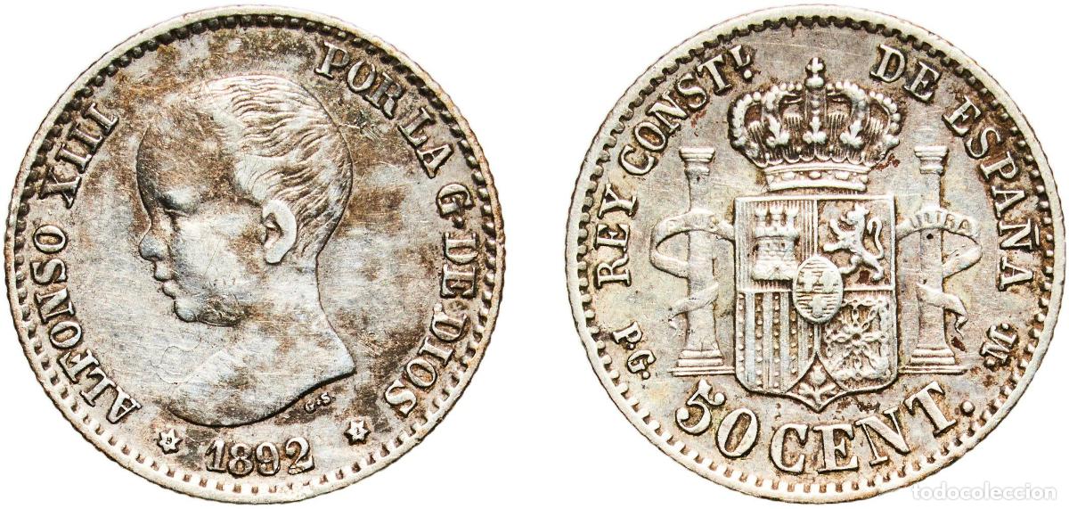 Monedas de Espa&ntilde;a: Spain Kingdom 1892 9-2 PGM 50 Centimos - Alfonso XIII (1st portrait) Silver (.835) Madrid Mint (39