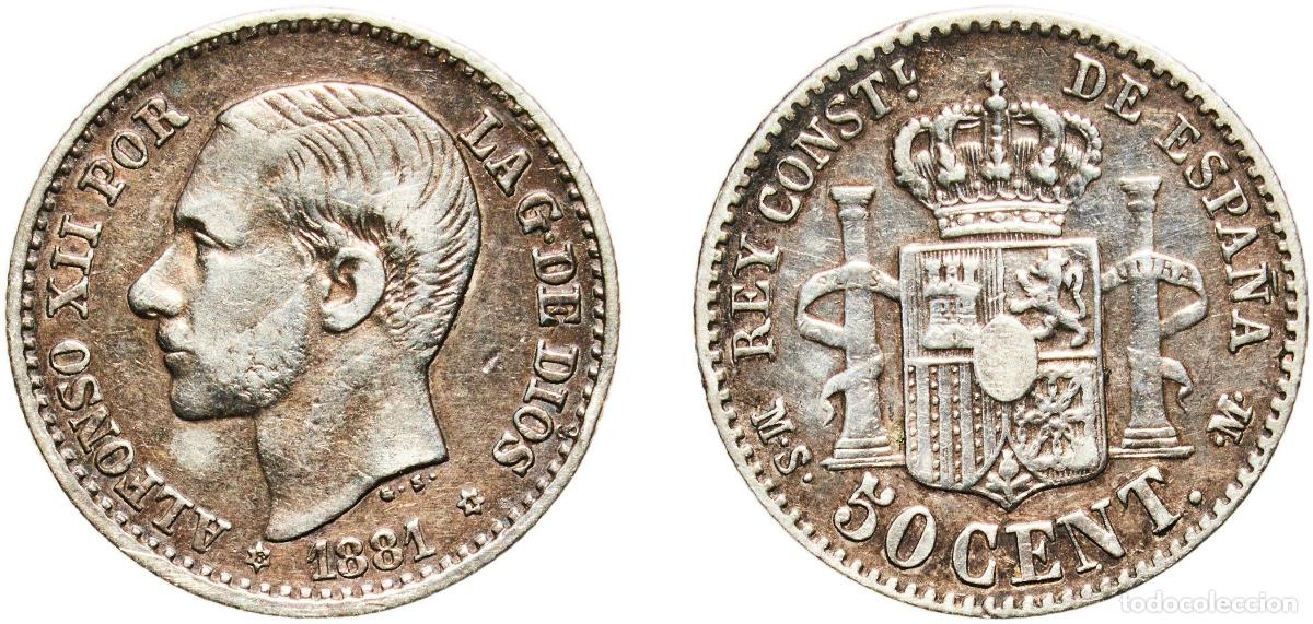 Monedas de Espa&ntilde;a: Spain Kingdom 1881 8-1 MSM 50 Centimos - Alfonso XII Silver (.835) Madrid Mint (5647000) 2.43g XF