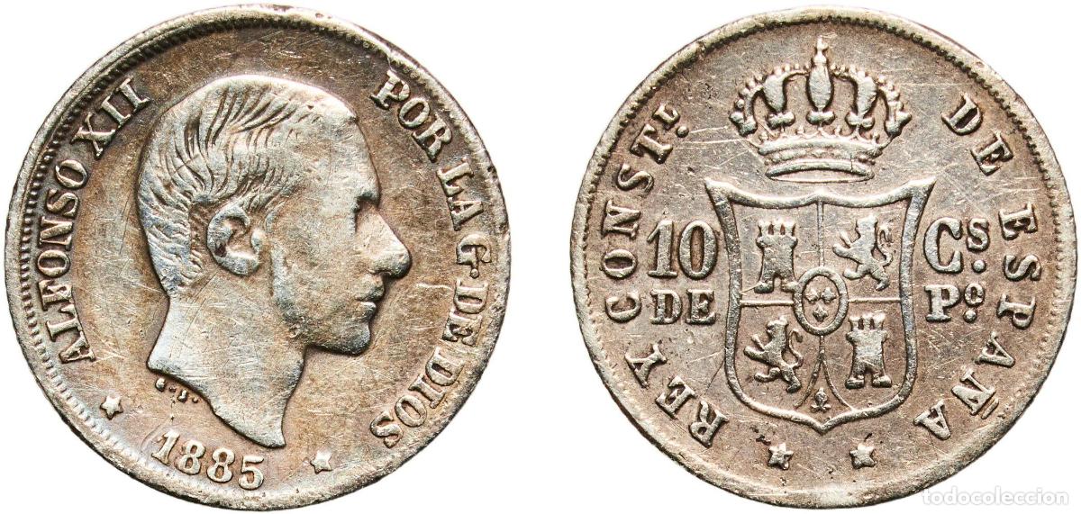 Coins of Spain: Philippines kingdom 1885 10 Centavos - Alfonso XII Silver (.835) Manila Mint (5624662) 2.56g VF KM