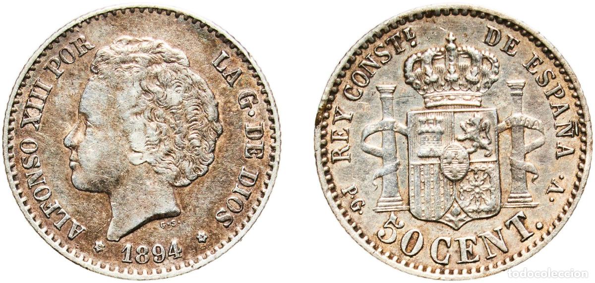 Coins of Spain: Spain Kingdom 1894 9-4 PGV 50 Centimos - Alfonso XIII (2nd portrait) Silver (.835) Madrid Mint (11