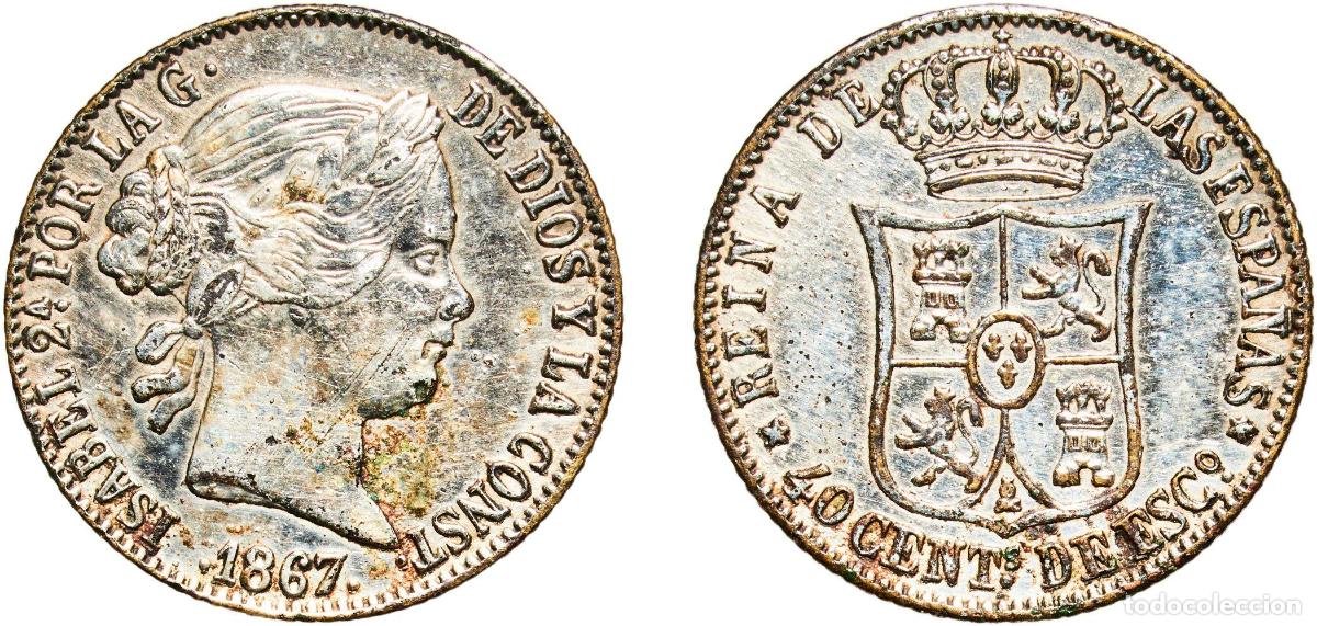 Monedas de Espa&ntilde;a: Spain Kingdom 1867 10 Centimos de Escudo - Isabel II &rdquo;Silver-plated brass. A contemporary old count