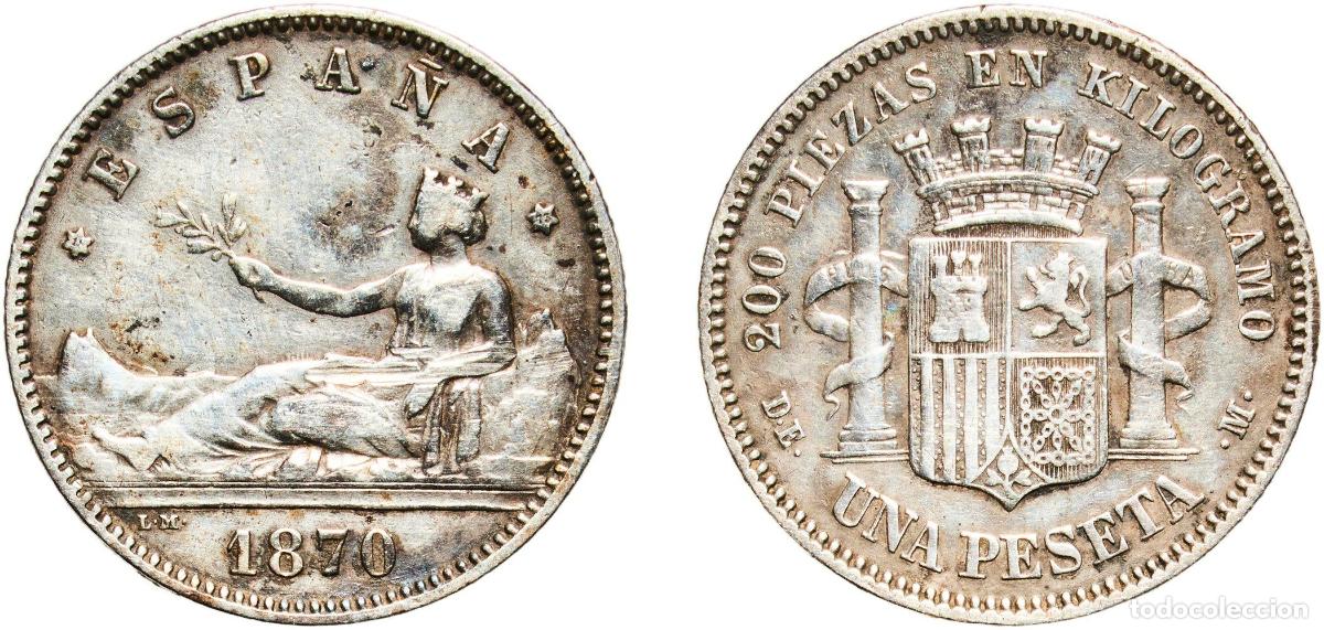 Monedas de Espa&ntilde;a: Spain Provisional Government 1870 18-73 DEM 1 Peseta - Provisional Government (ESPA&Ntilde;A) Silver (.83