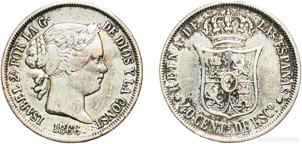 Monedas de Espa&ntilde;a: Spain Kingdom 1866 10 Centimos de Escudo - Isabel II Silver (.810) Madrid Mint 5.14g VF KM 627.2 Ca