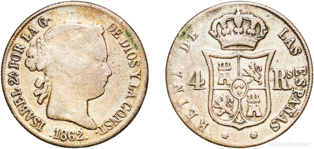Monedas de Espa&ntilde;a: Spain Kingdom 1862 4 Reales - Isabel II Rare Silver (.900) Barcelona Mint 4.82g F KM 608.1 Aureo 43