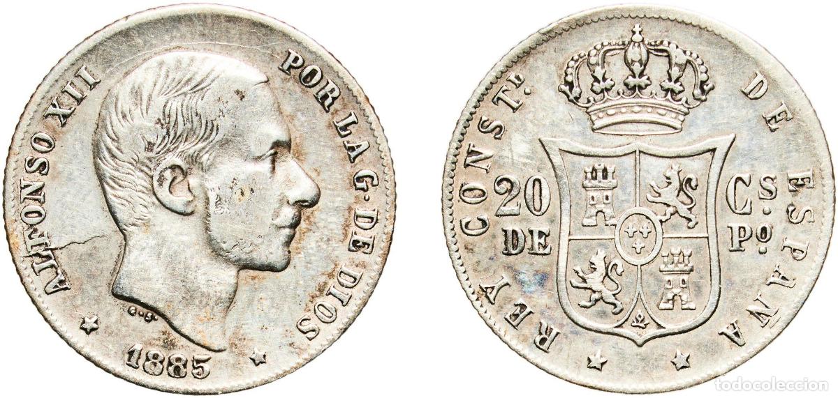 Monedas de Espa&ntilde;a: Philippines Spanish colony 1885 20 Centavos - Alfonso XII Silver (.835) Manila Mint (1344000) 5.2g