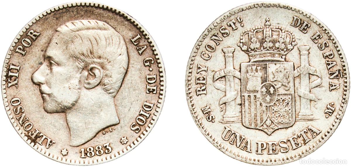 Monedas de Espa&ntilde;a: Spain Kingdom 1883 ??-83 MSM 1 Peseta - Alfonso XII (2nd portrait) Silver (.835) Madrid Mint (8445