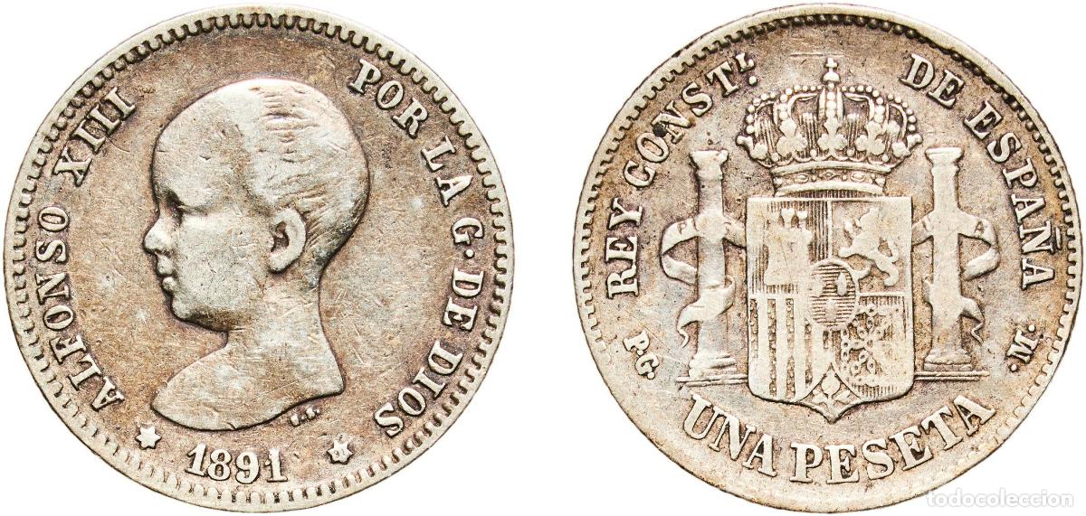 Monedas de Espa&ntilde;a: Spain Kingdom 1891 ??-91 PGM 1 Peseta - Alfonso XIII (1st portrait) Silver (.835) Madrid Mint (494