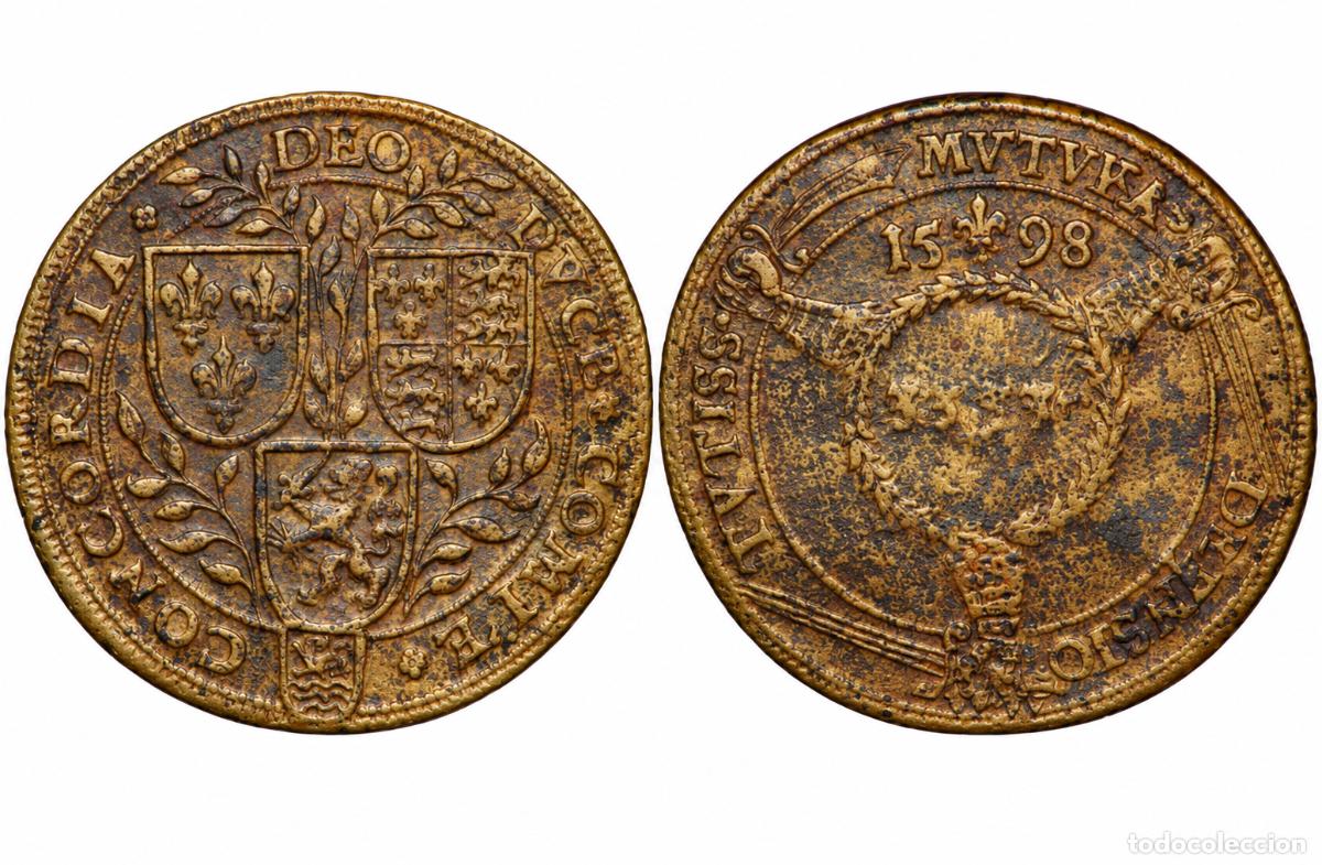 Monedas de Espa&ntilde;a: PA&Iacute;SES BAJOS ESPA&Ntilde;OLES &ndash; FELIPE II &ndash; BRABANTE &ndash; JET&Oacute;N 1598 &ndash; LAT&Oacute;N &ndash; RARO R1