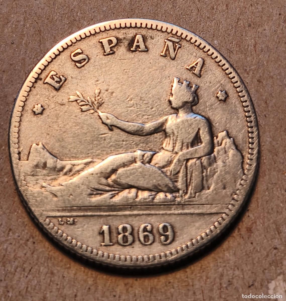Moedas de Espanha: Moneda de plata antigua 1869, 2 pts, Gobierno Provisional