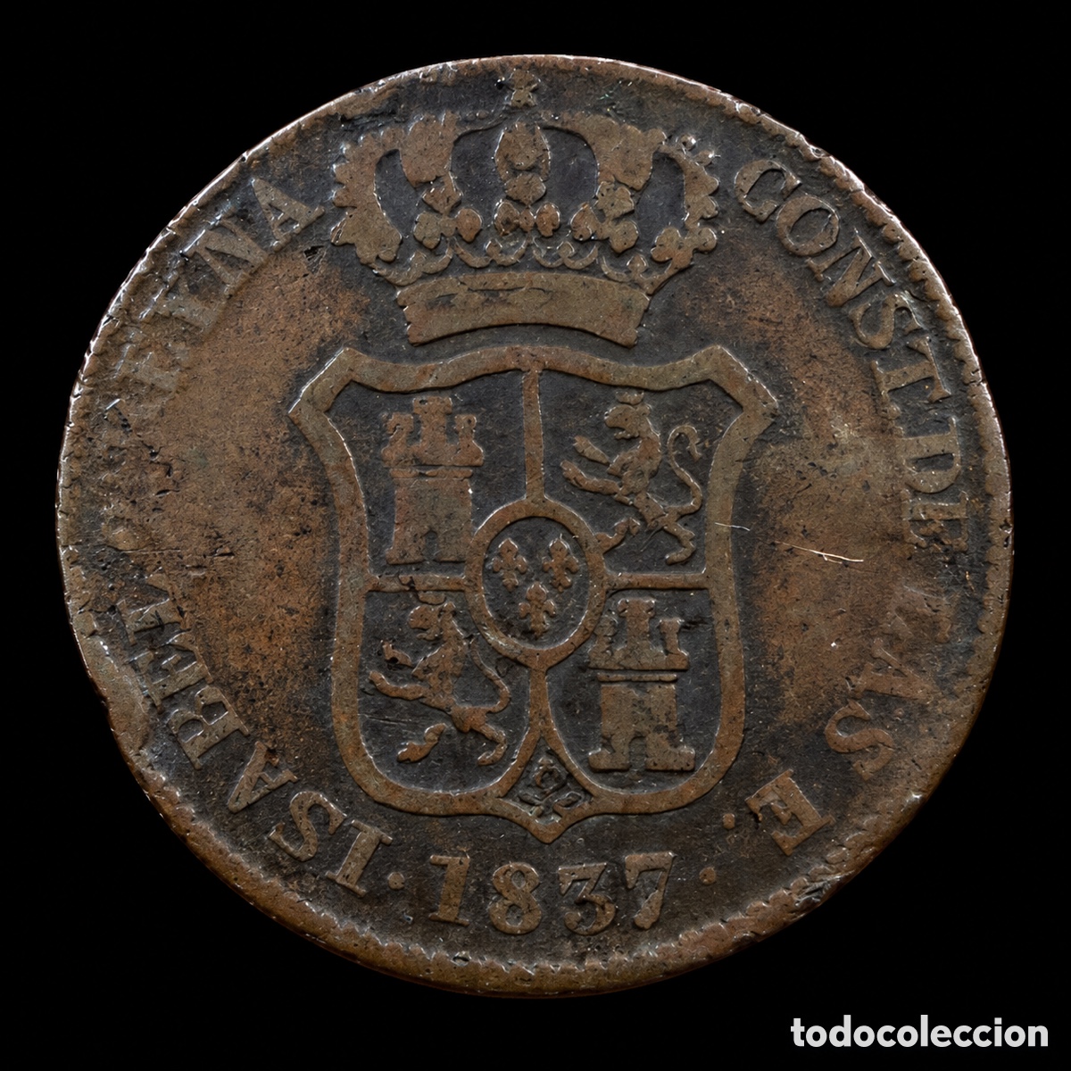 Monedas de Espa&ntilde;a: 3 Cuartos Isabel II 1837 Barcelona - Foto 3