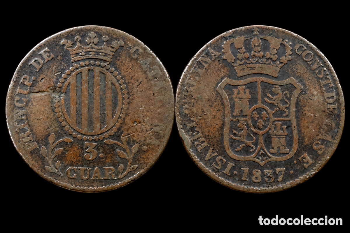 Monedas de Espa&ntilde;a: 3 Cuartos Isabel II 1837 Barcelona