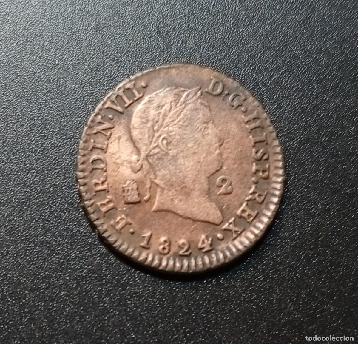 Monedas de Espa&ntilde;a: ESPA&Ntilde;A 2 MARAVED&Iacute;ES 1824 FERNANDO VII KM#487 MBC RETRATO ANCHO.