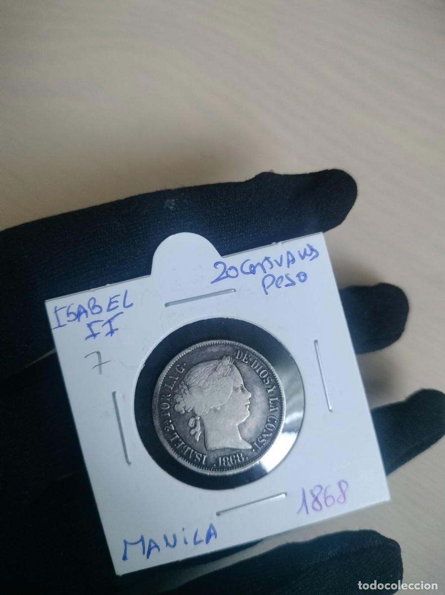 Moedas de Espanha: ​Moneda Filipinas Colonial - 20 C&eacute;ntimos de Peso Isabel II (1868)
