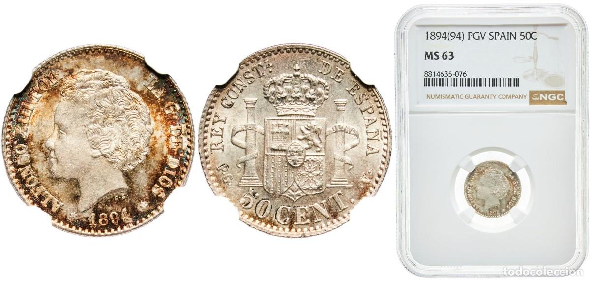 Monedas de Espa&ntilde;a: ALFONSO XIII. 50 CENTIMOS 1894. SIN CIRCULAR. NGC MS 63.SC.