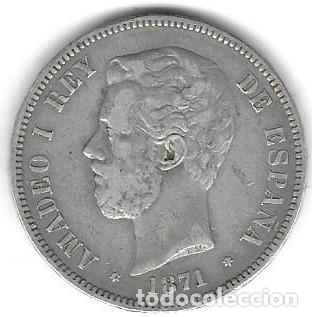 Monedas de Espa&ntilde;a: Moneda de 5 Pesetas de Plata Amadeo I (1871) &mdash; Estrellas *18 *71, Ceca de Madrid, Siglas S.D.M.