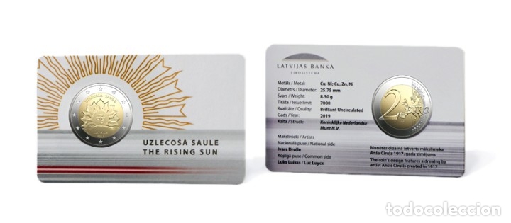 Euros: LETONIA 2019 2&euro; EN COINCARD El Sol Naciente - Foto 1