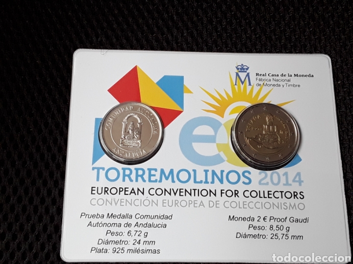 Euros: CARTERA OFICIAL FNMT TORREMOLINOS 2014. 2 EUROS GAUDI+PRUEBA MEDALLA PLATA ANDALUCIA