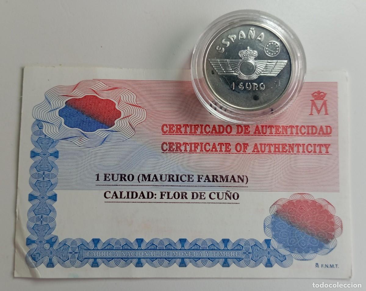 Euros: Moneda de Espa&ntilde;a 1 euro Maurice Farman de 1997 de plata