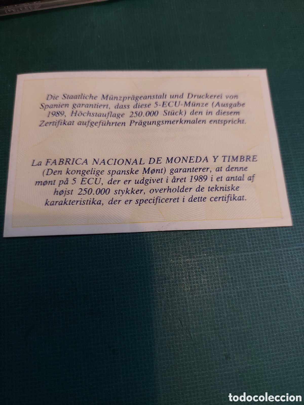 Euros: CERTIFICADO 5 ECUS 1989 FNMT ESPA&Ntilde;A