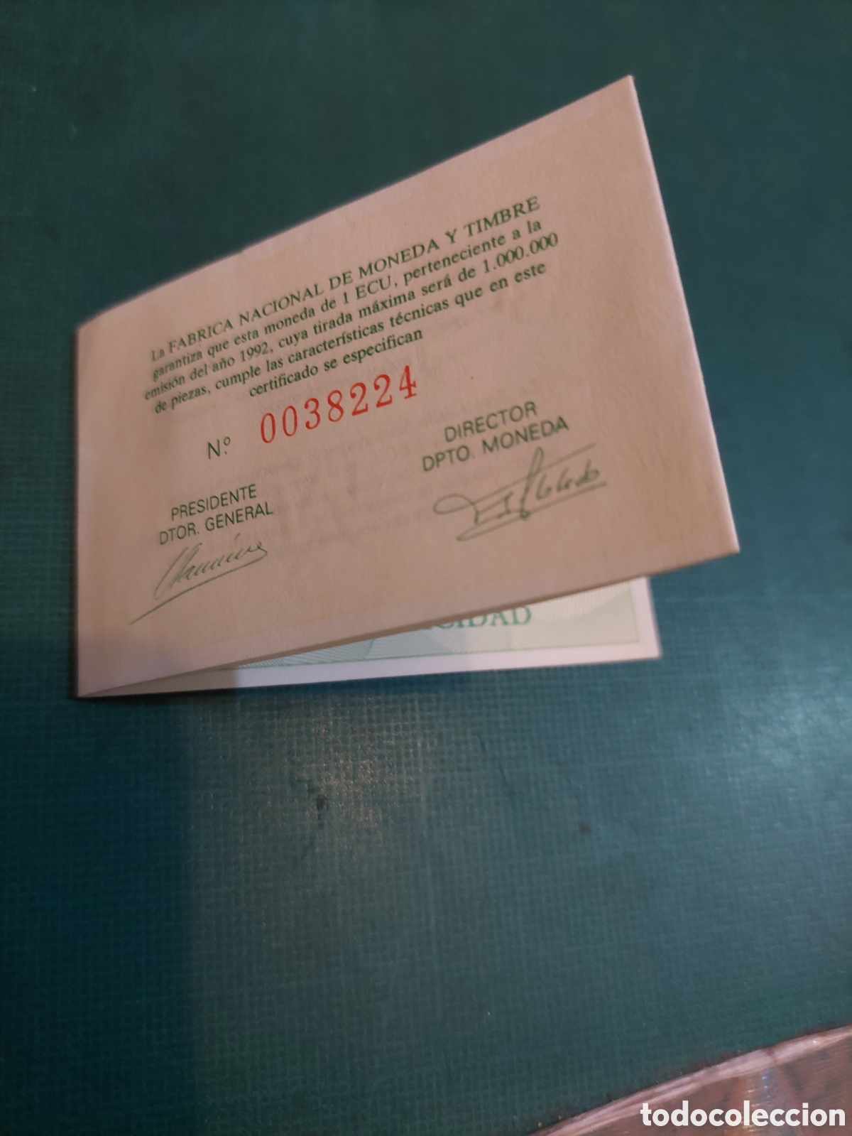 Euros: CERTIFICADO 1 ECU 1992 FNMT ESPA&Ntilde;A