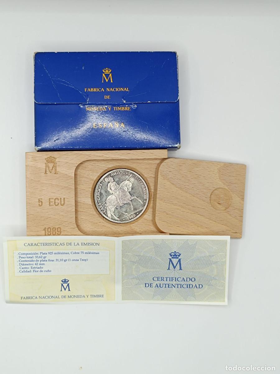 Euros: Moneda 5 ECU Espa&ntilde;a 1989 Carlos V &ndash; Plata 925 &ndash; FNMT &ndash; Completa con estuche y certificado