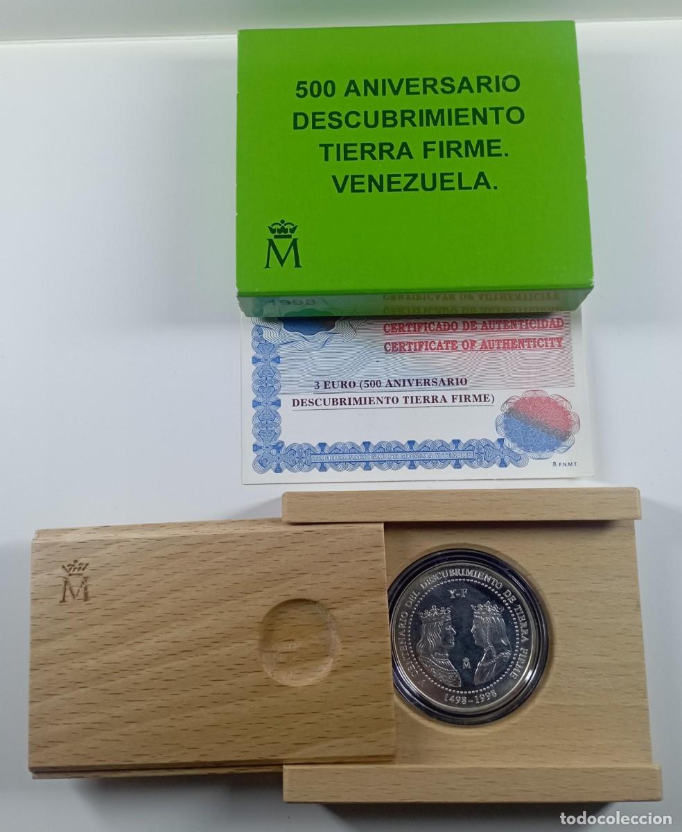 Euros: Moneda de Espa&ntilde;a 3 euros 500 Aniv. descubrimiento tierra firme (Venezuela) de 1998 de plata