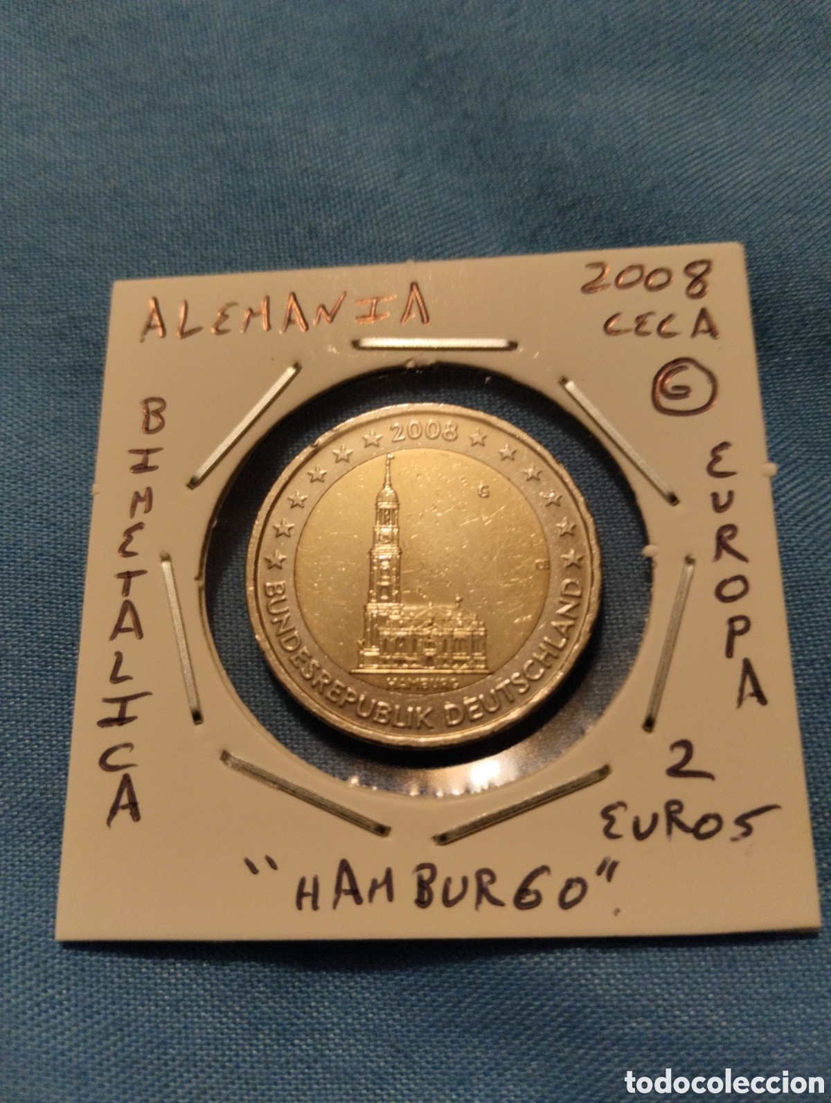 Euros: Moneda 2 euros Alemania a&ntilde;o 2008 ceca G Hamburgo mbc encartonada