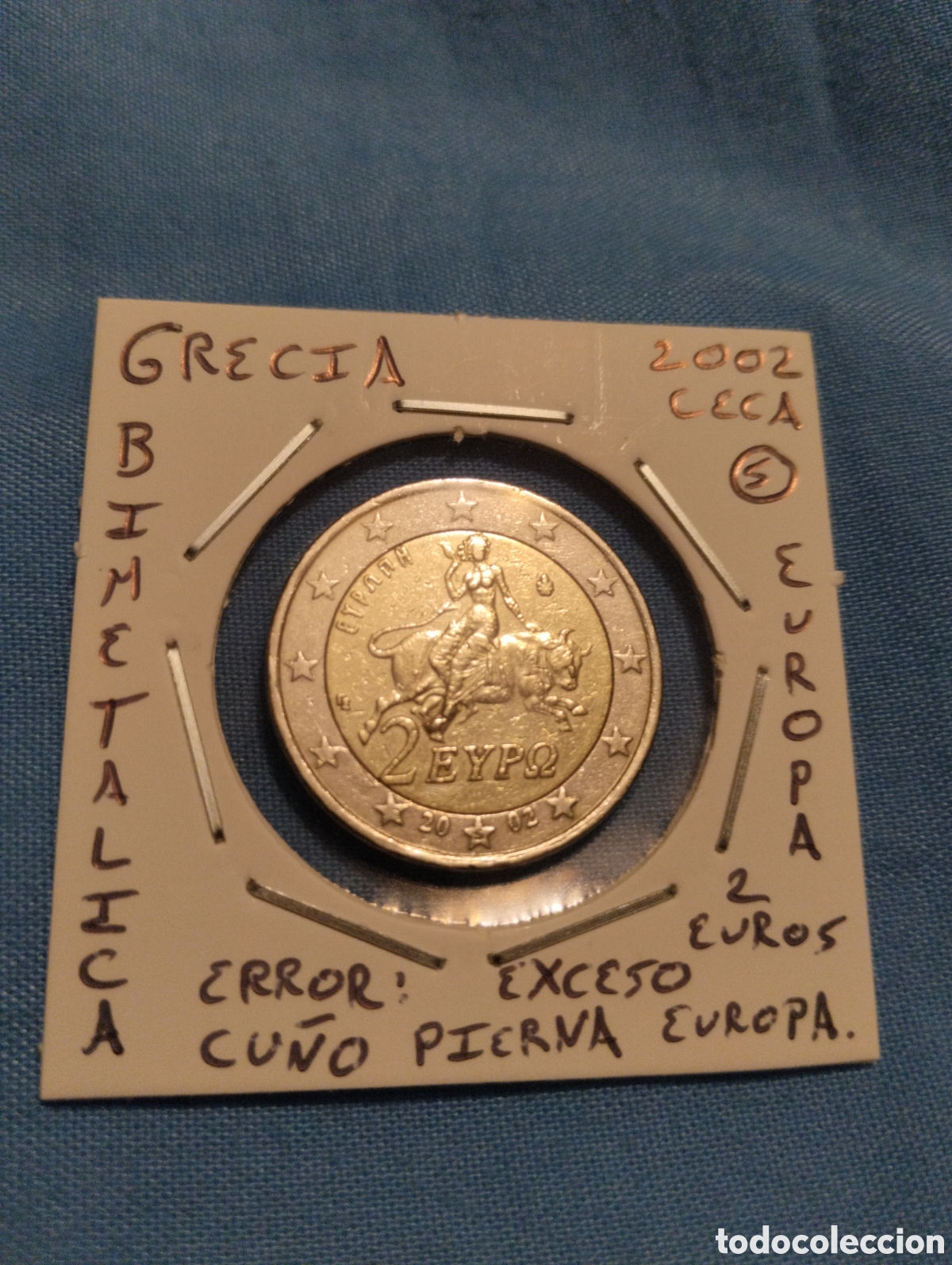 Euros: Moneda 2 euros Grecia a&ntilde;o 2002 ceca S con error mbc encartonada