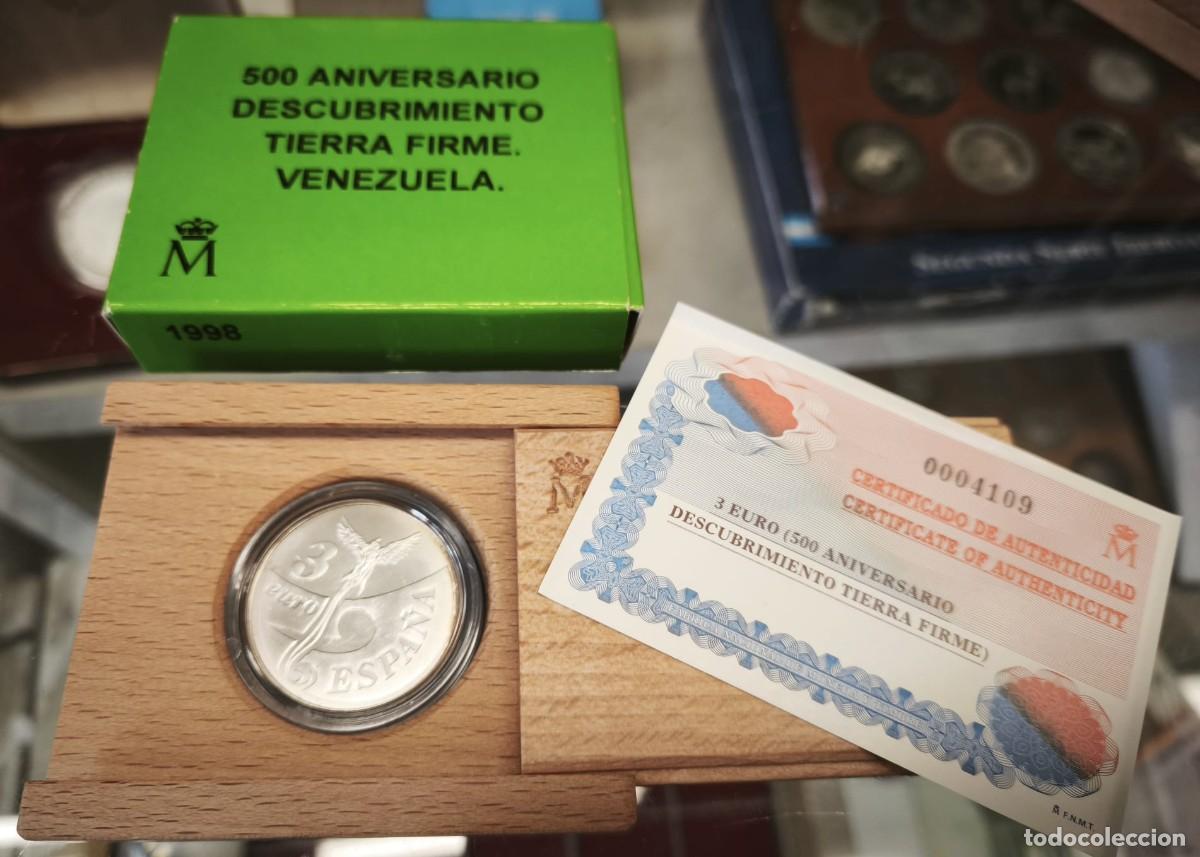 Euros: Espa&ntilde;a estuche 3 Euros Aniversario Descubrimiento de Venezuela 1998 Plata