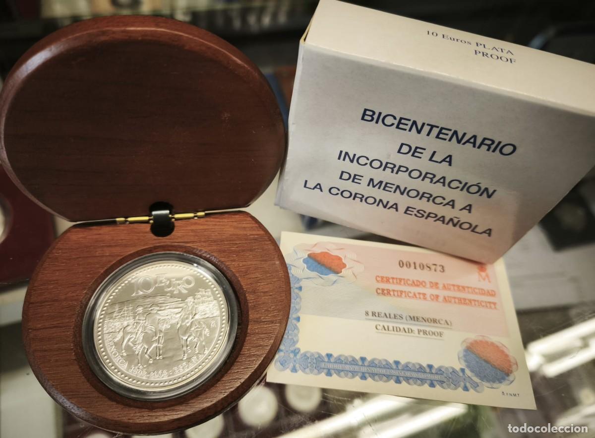 Euros: Espa&ntilde;a estuche 10 Euros Bicentenario Incorporaci&oacute;n de Menorca 2002 Km 1050 Plata Proof