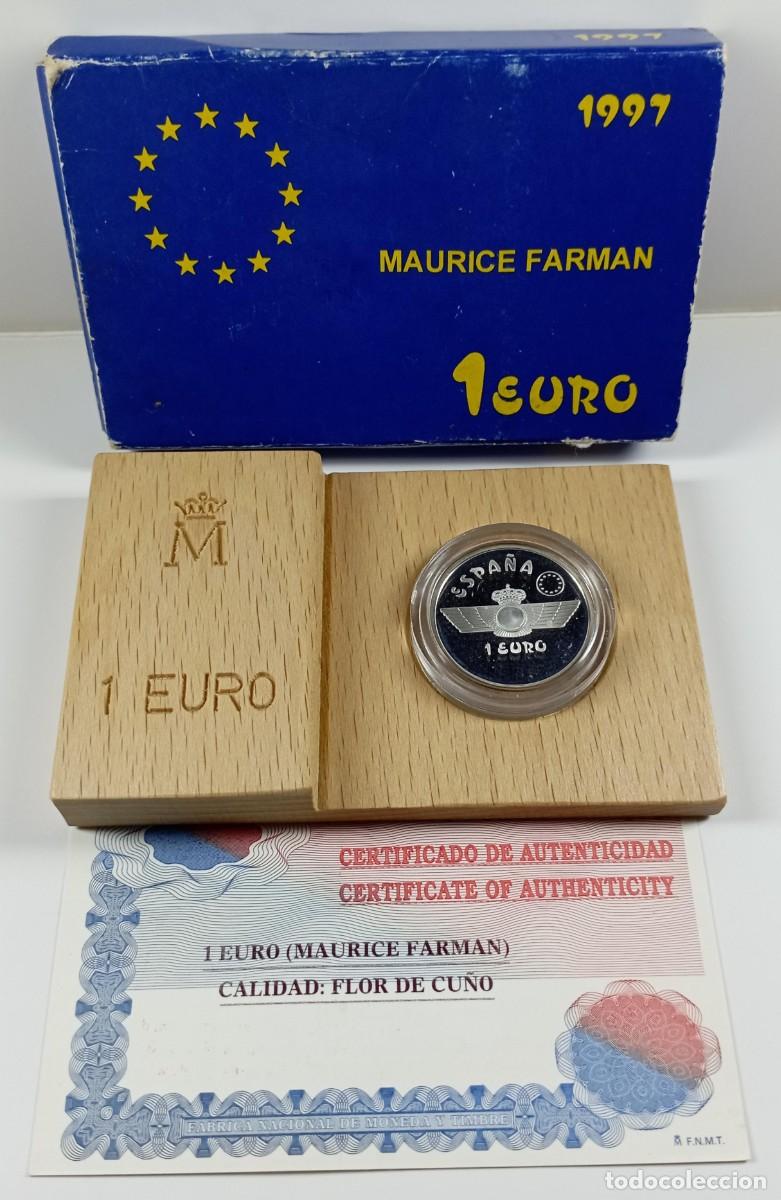 Euros: Moneda de Espa&ntilde;a 1 euro Maurice Farman de 1997 de plata (con estuche)