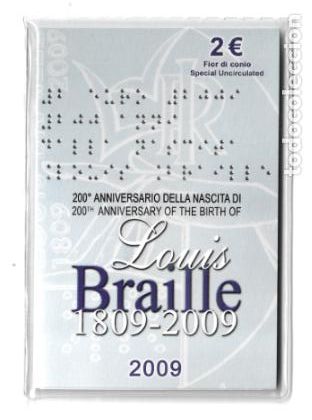 Euros: ITALIA 2009. COINCARD DE 2 &euro; DEDICADO AL 200 ANIVERSARIO DEL NACIMIENTO DE LOUIS BRAILLE. 1809-2009