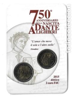 Euros: ITALIA 2015. COINCARD DE 2 MONEDAS DE 2 &euro; DEDICADO A DANTE ALIGHIERI.