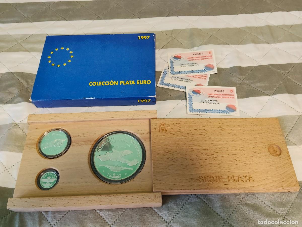 Euros: Espa&ntilde;a serie EUROS a&ntilde;o 1997. Serie completa de 3 valores PLATA. Homenaje Aviaci&oacute;n Espa&ntilde;ola.