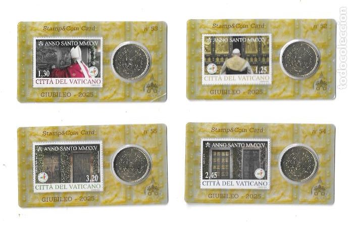 Euros: VATICANO 2025. LOS 4 STAMP Y COINCARD 52, 53, 54 Y 55.