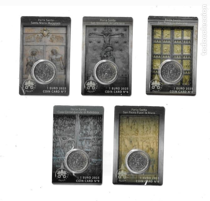 Euros: VATICANO 2025. LOS 5 COINCARD DE 1 &euro; DE LA PUERTA SANTA N&ordm; 5, 6, 7, 8 Y 9.