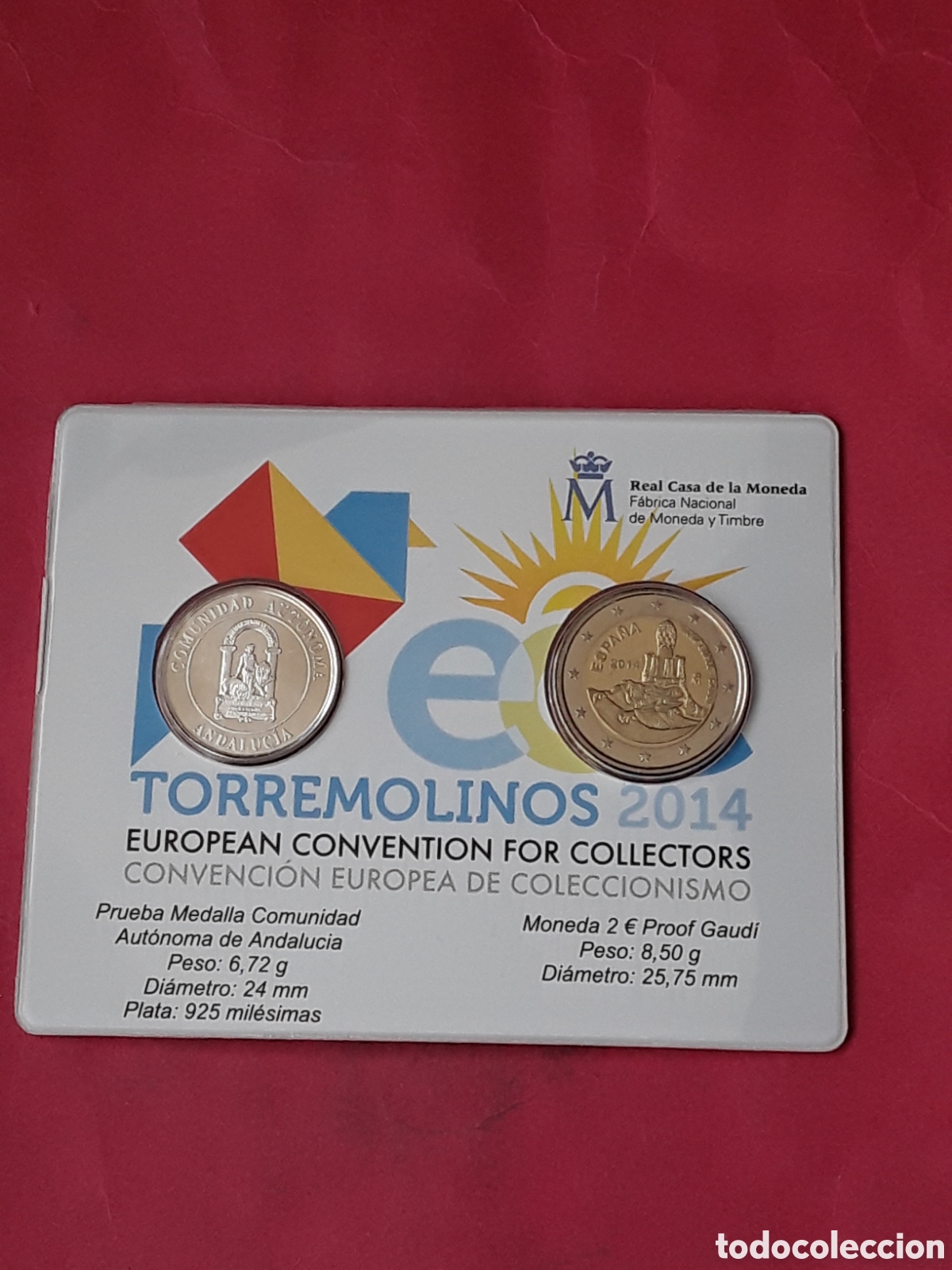 Euros: CARTERA OFICIAL FNMT TORREMOLINOS 2014. 2 EUROS GAUDI+PRUEBA MEDALLA PLATA ANDALUCIA
