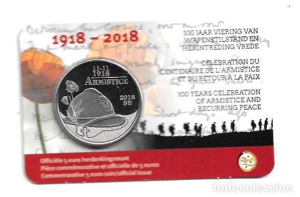 Euros: BELGICA 2018. COINCARD DE 5 &euro; DE LOS 100 A&Ntilde;OS DEL ARMISTICIO Y RETORNO A LA PAZ.